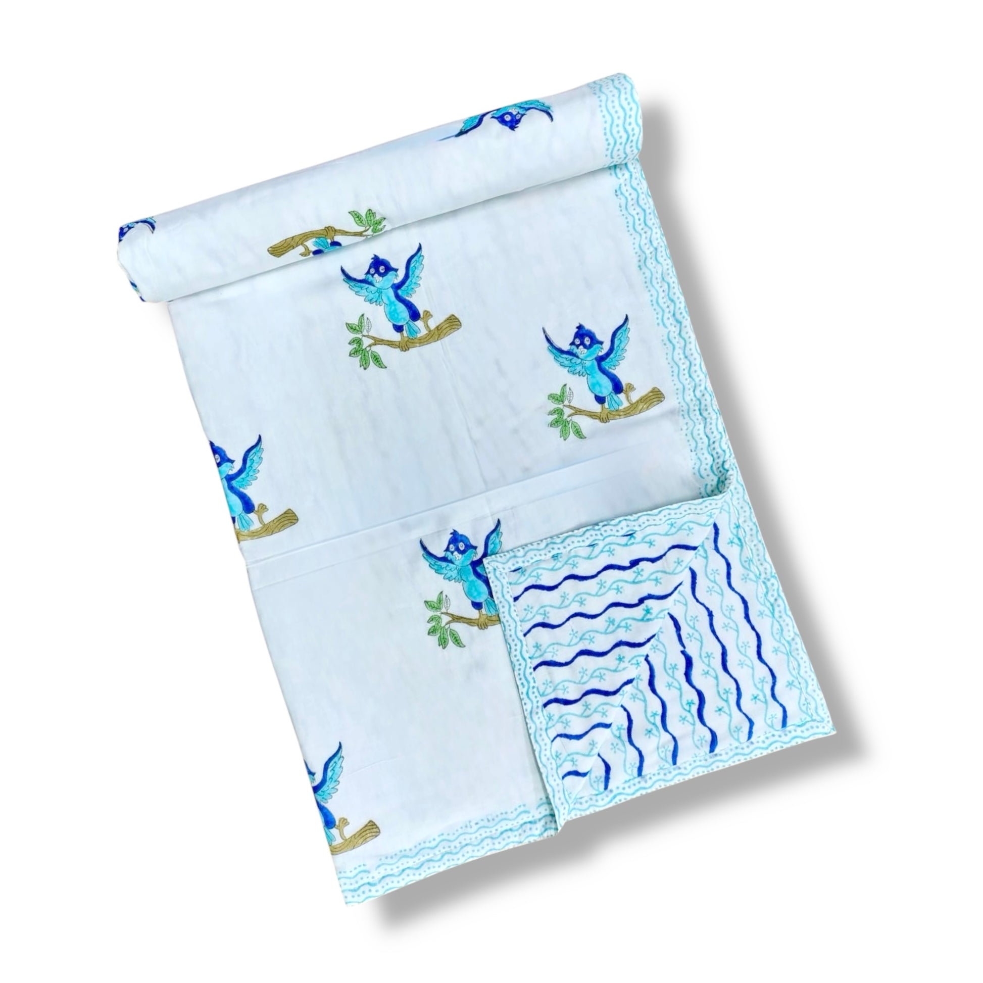 Blue Birds Print Mul-Mul Cotton Dohars