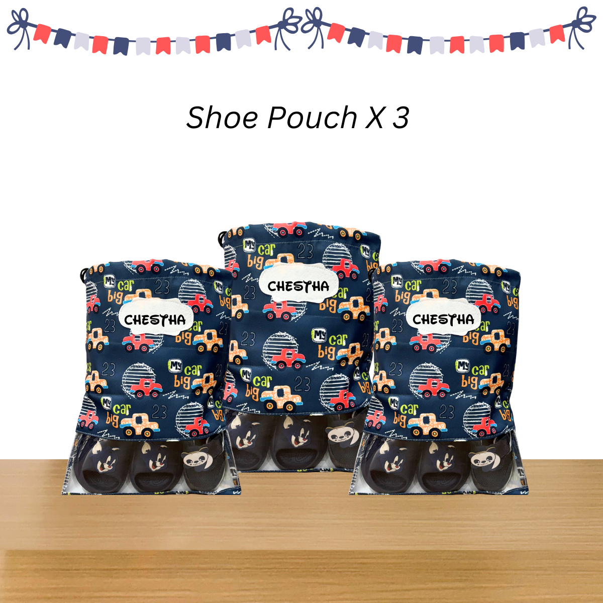 Car Print Shoe Pouches Combo