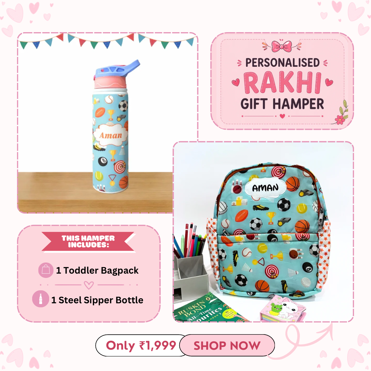 Todlers Backpack + Steel sipper bottle
