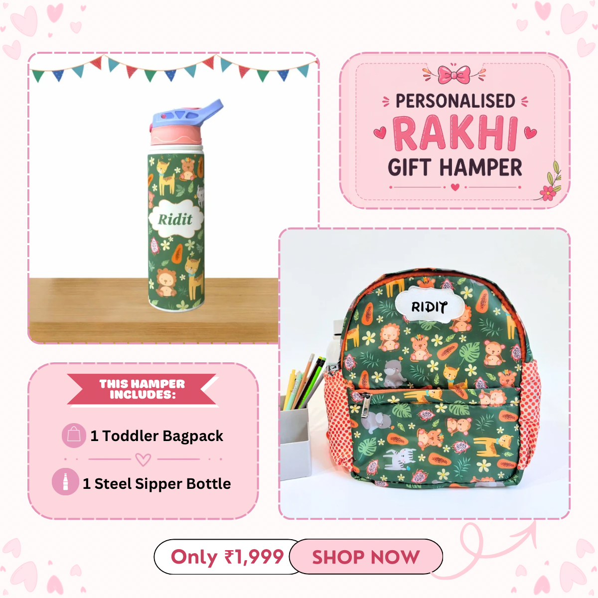 Todlers Backpack + Steel sipper bottle